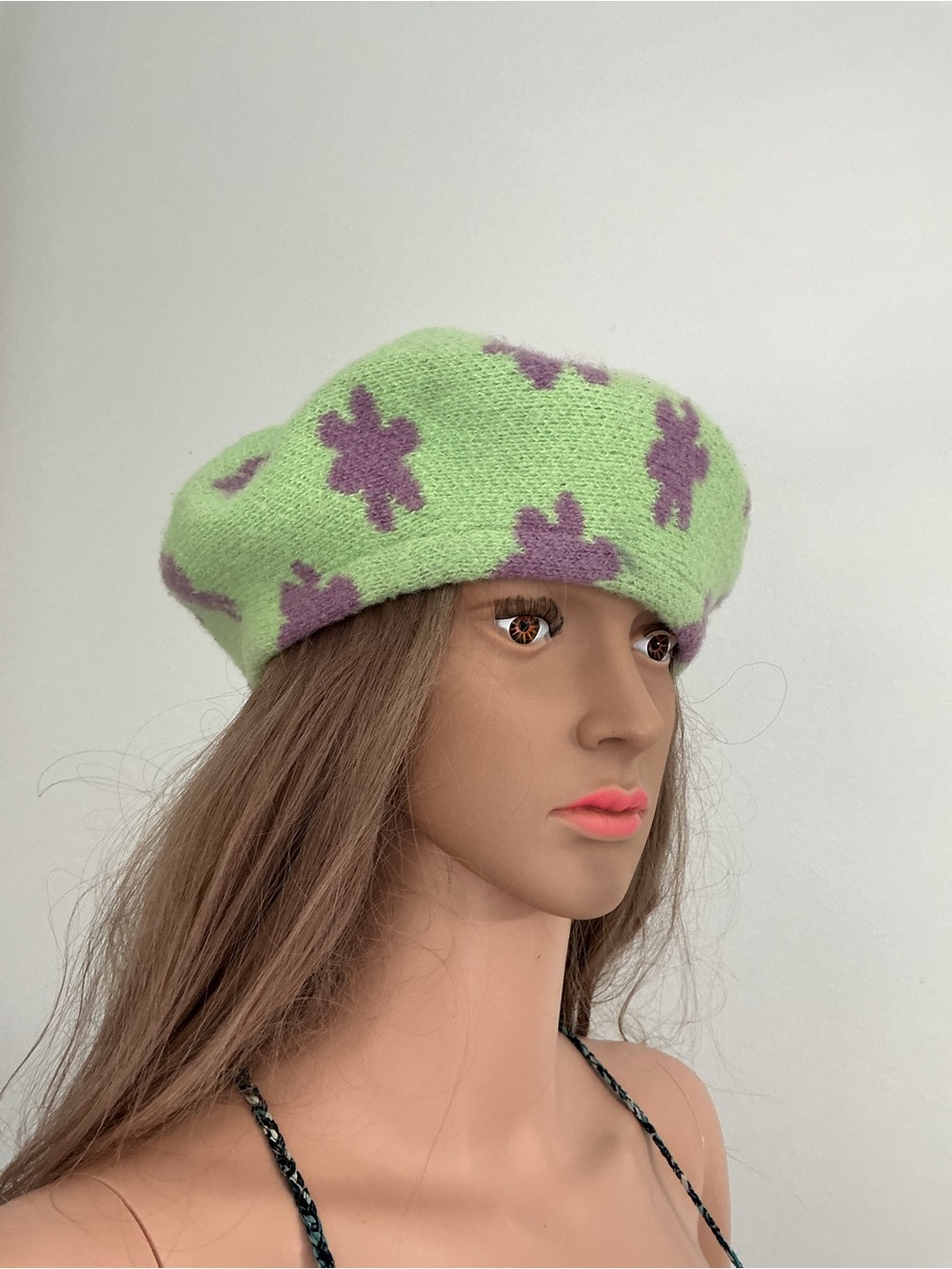 wild fable Lime Green Beret with Purple Floral Motif